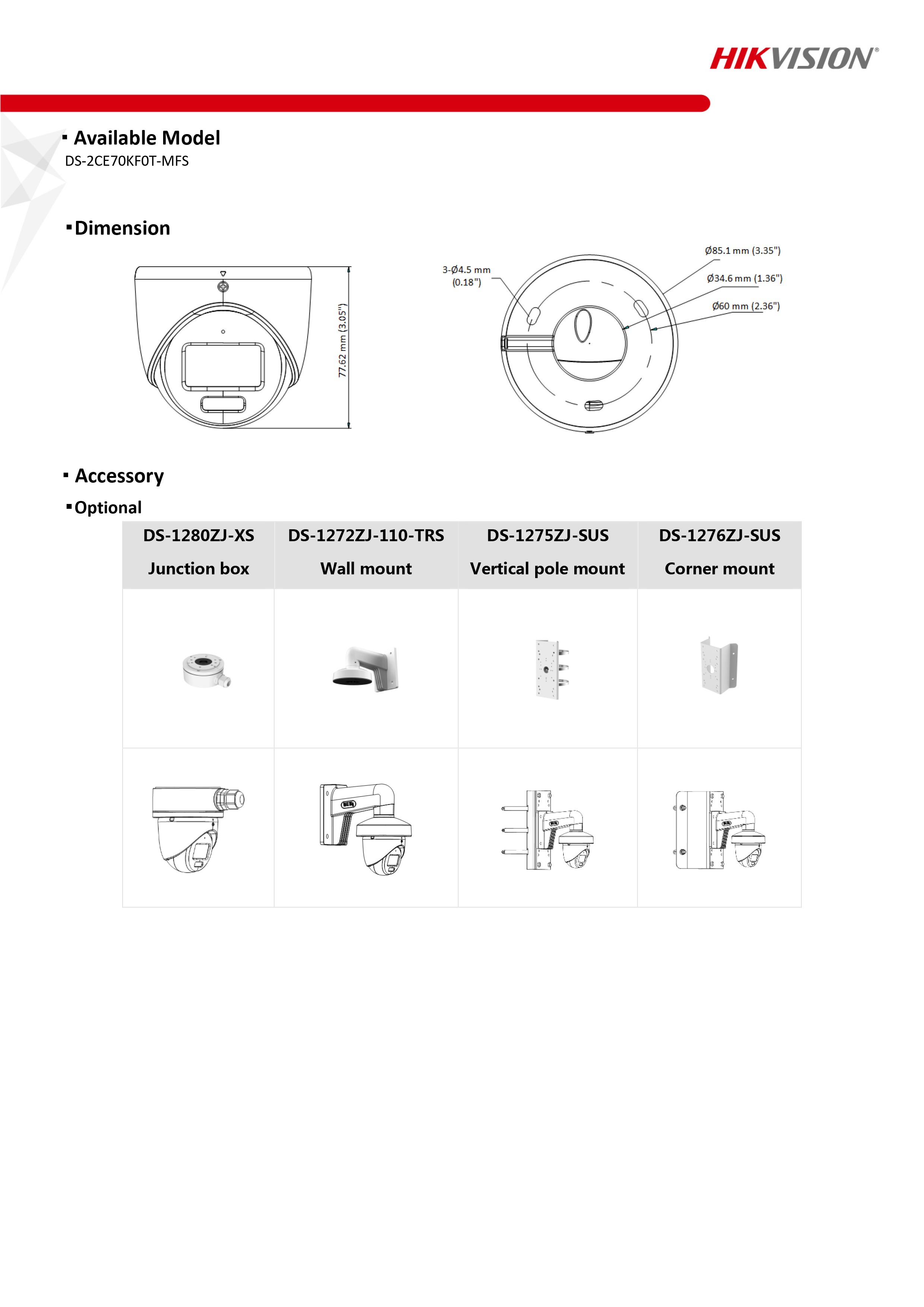 กล้องวงจรปิด Hikvision DS-2CE70KF0T-MFS ( 2.8 / 3.6 mm ) กล้องวงจรปิดระบบHD ColorVu 5MP Built-in mic ,IR 20 M.