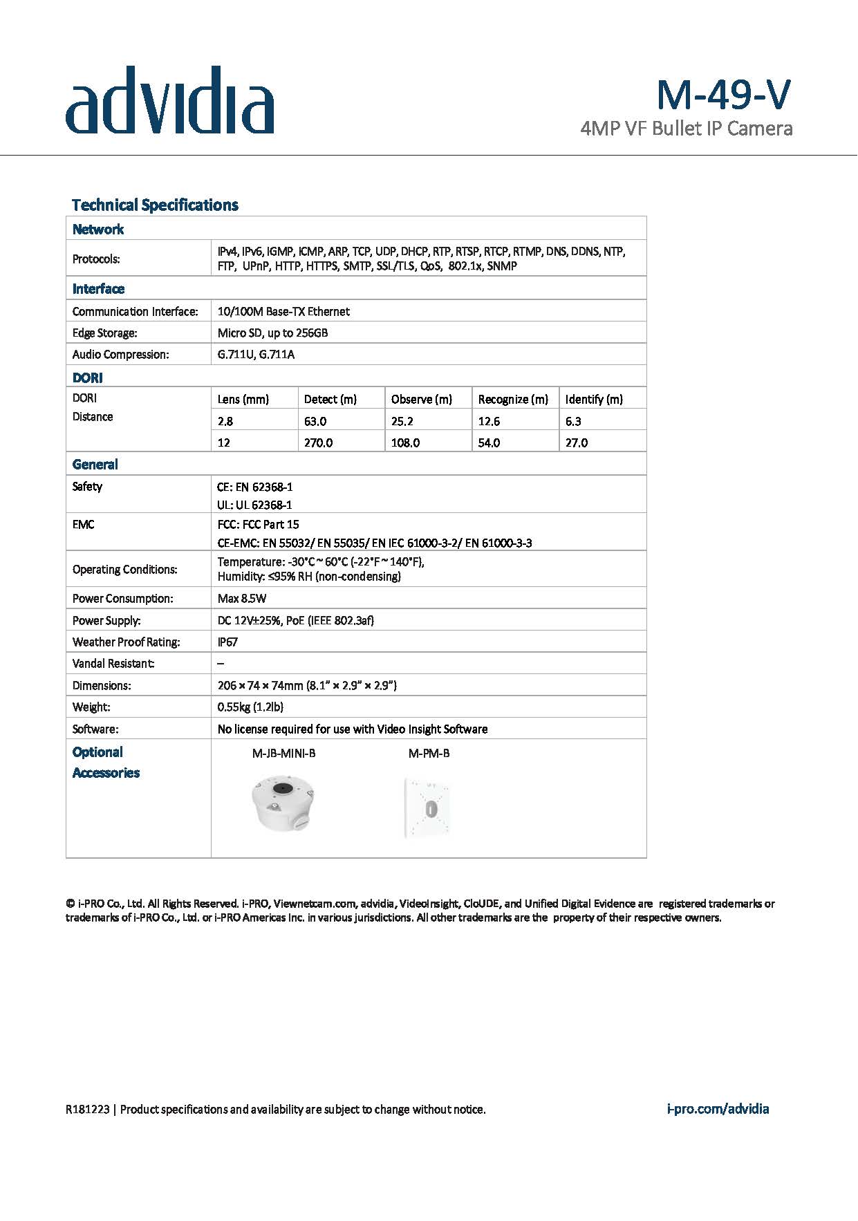 Pre-Order กล้องวงจรปิด Advidia (Panasonic) รุ่น M-49-V 4MP IP BULLET