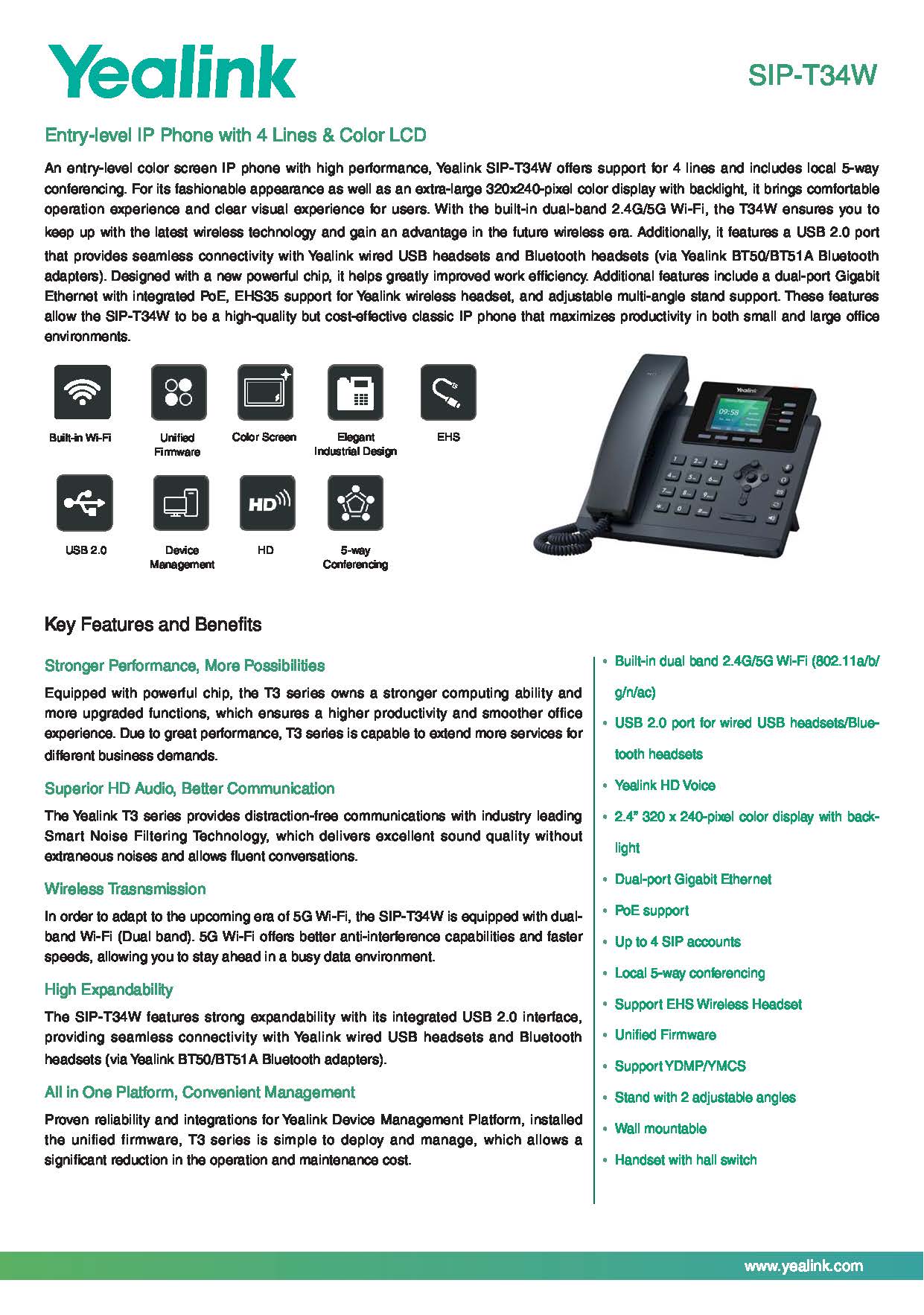 เครื่องโทรศัพท์ IP YEALINK รุ่น SIP-T34W Wi-fi Phone รองรับ 4 VoIP accounts