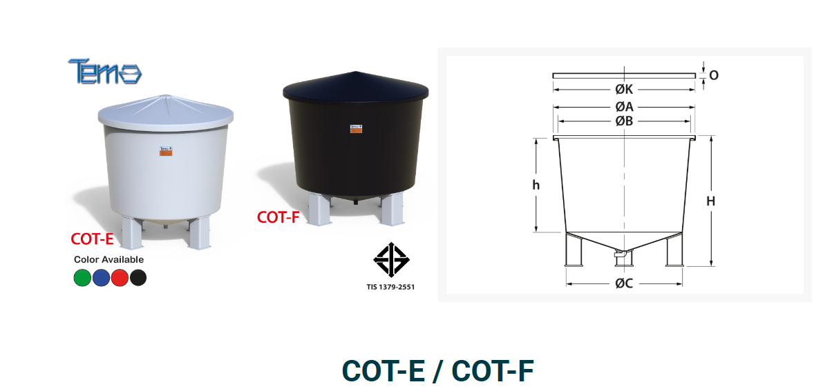 ถังเก็บสารเคมี TEMA 500 ลิตร รุ่น COT-E, COT-F (ปากกว้าง, ฝาสามเหลี่ยม)