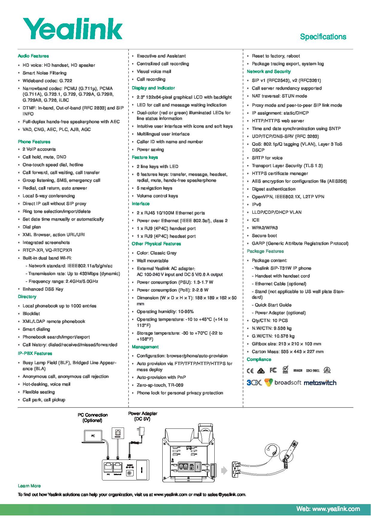 เครื่องโทรศัพท์ IP YEALINK รุ่น SIP-T31W Wi-fi Phone ราคา 2,800฿