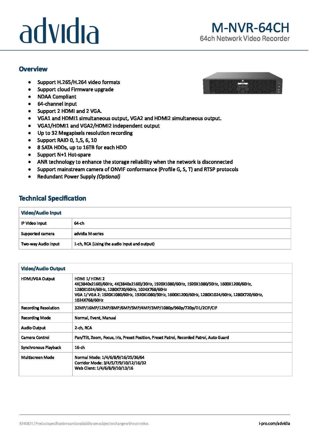 เครื่องบันทึก Adividia รุ่น M-NVR-64CH 64-ch, 8 SATA interface, H.265&4K, RAID 5,6