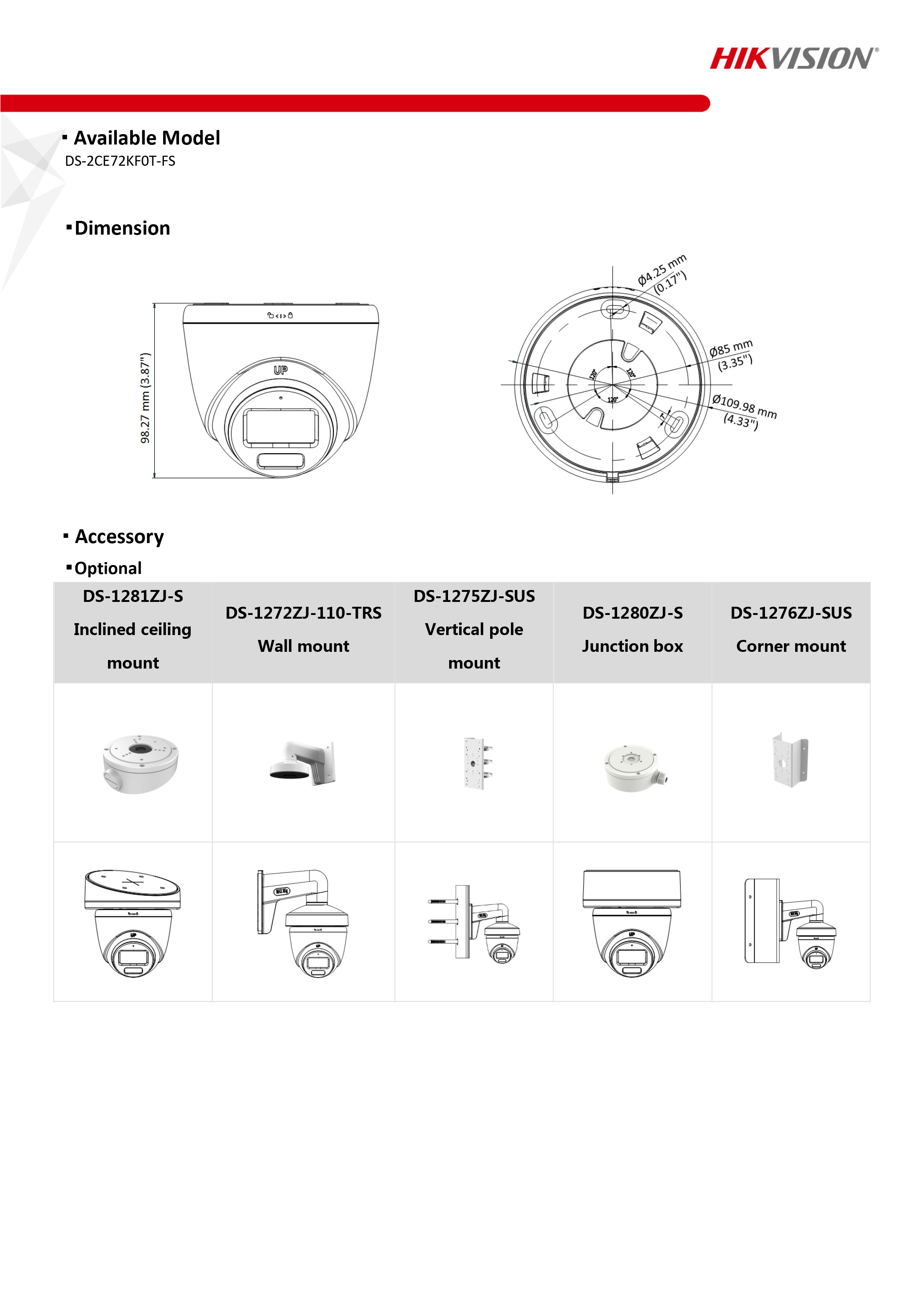 กล้องวงจรปิด Hikvision กล้องวงจรปิดระบบ HD ColorVu 5 MP DS-2CE72KF0T-FS ( 2.8 / 3.6 mm. ) มีไมค์ในตัว