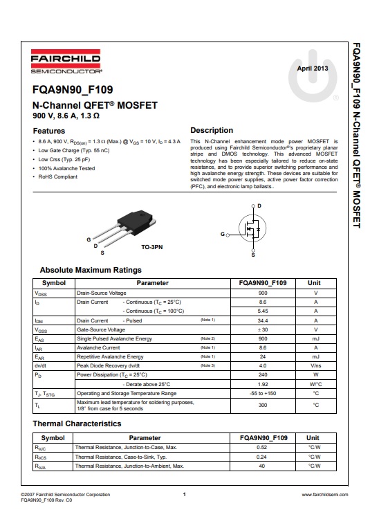 FQA9N90 TO-3P FQA9N90C 9N90C 9N90 900V 8.6A N-Channel MOSFET