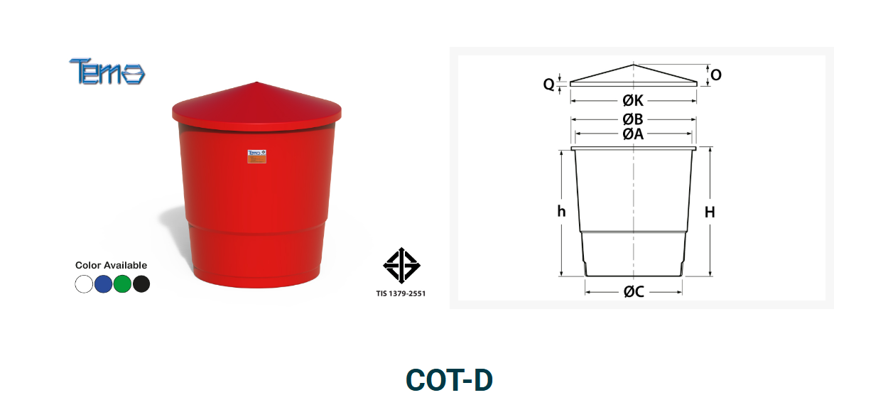ถังเก็บสารเคมี TEMA 1600 ลิตร รุ่น COT-D (ปากกว้าง, ฝาสามเหลี่ยม)