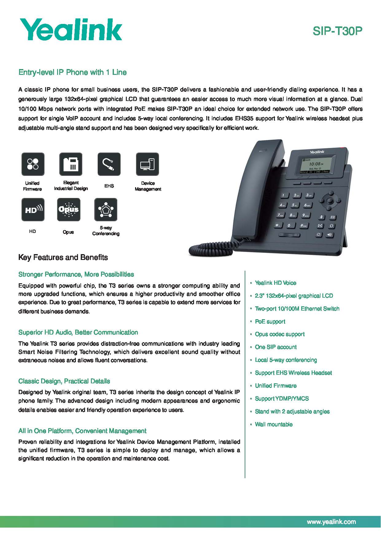 เครื่องโทรศัพท์ IP YEALINK รุ่น SIP-T30P เครื่องละ 1,900฿