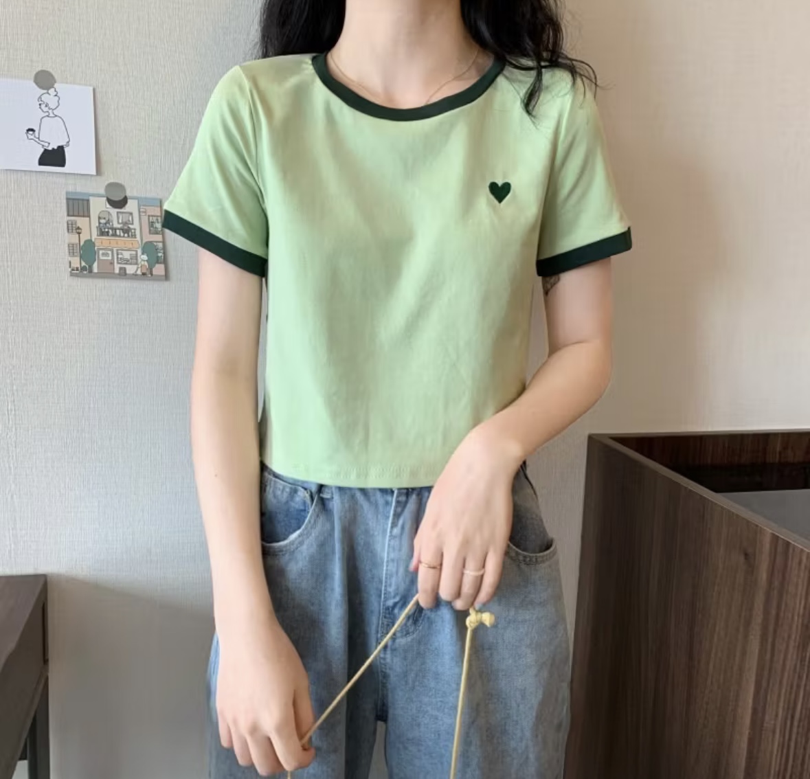 เสื้อยืดทูโทนปักหัวใจ