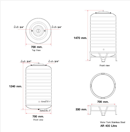 แท็งค์น้ำสเตนเลส ตราแอ็ดวานซ์ พื้นนูน 0.5 มม. 400 ลิตร รหัส AR400