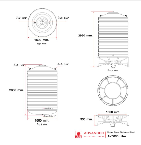 แท็งค์น้ำสเตนเลส ตราแอ็ดวานซ์ พื้นนูน มี มอก. 5000 ลิตร รหัส AV5000