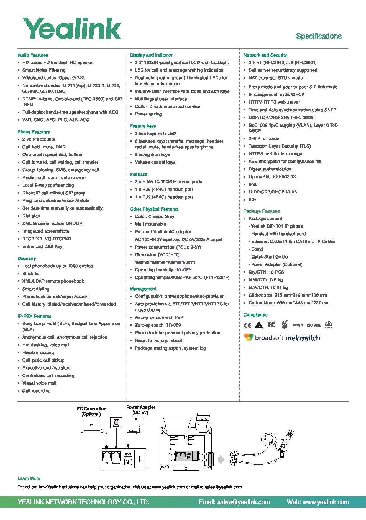 เครื่องโทรศัพท์ IP YEALINK รุ่น SIP-T31 เครื่องละ 1,900฿