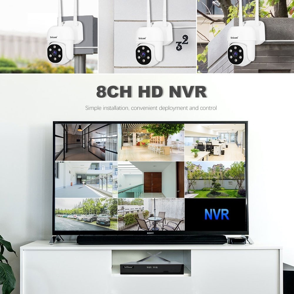 SriHome SriHome NVR( NVS001-IPC030X4-8 ) WiFi ระบบรักษาความปลอดภัยไร้สายชุด 8 ชิ้นกล้อง PTZ WiFi บันทึกวิดีโอ ติดตั้งง่าย