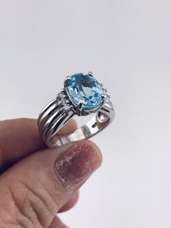 💍 แหวนสตรีเงินแท้ ประดับพลอยบลูโทแพส งานหรูหรา เรียบแต่ดูดี (ไซส์แหวน 50)