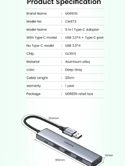 UGREEN 4 Port USB3.0 Expansion Hub with PD/Micro USB 4Port+Micro USB (50985)
