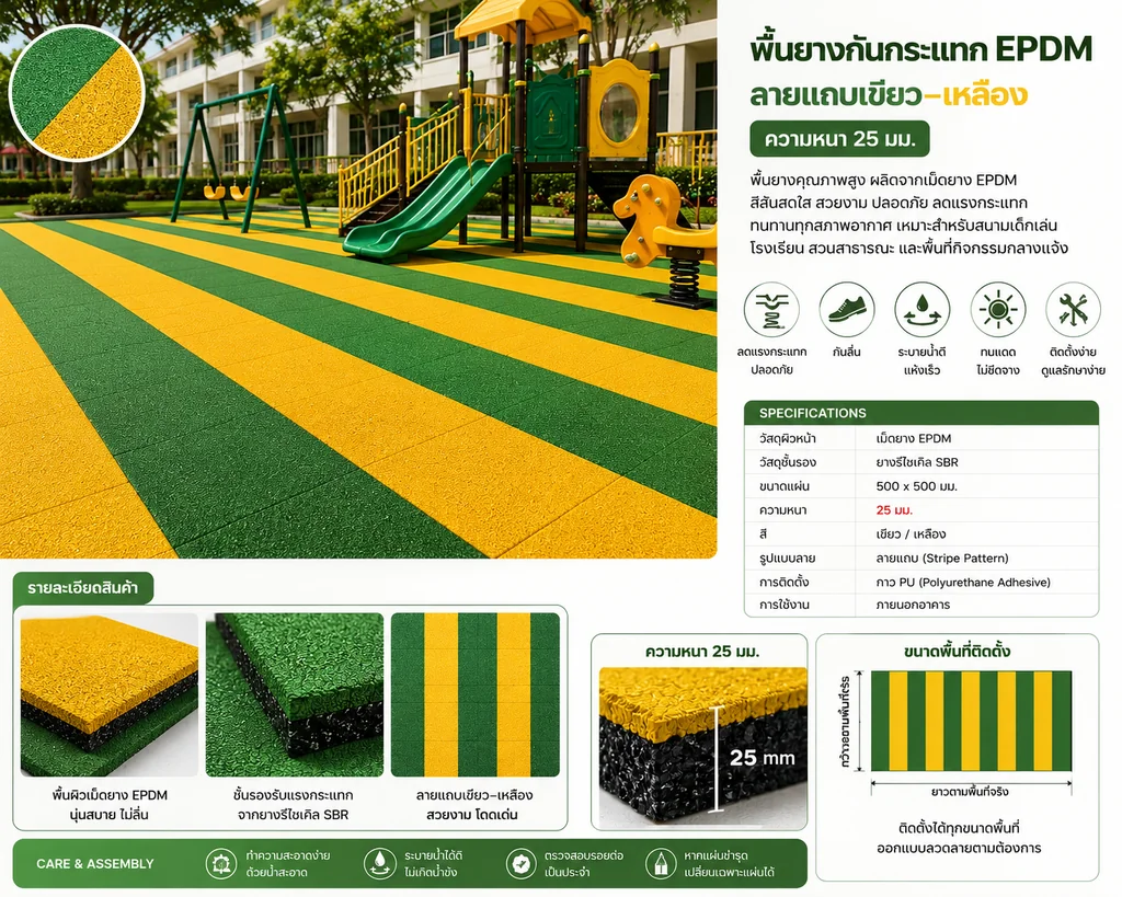 พื้นยางกันกระแทก EPDM ลายแถบเขียว–เหลือง 25 มม. (EPDM Rubber Safety Flooring – Green & Yellow Stripe Pattern) พื้นยางกันกระแทก EPDM ลายแถบเขียว–เหลือง 25 มม. (EPDM Rubber Safety Flooring – Green & Yellow Stripe Pattern)