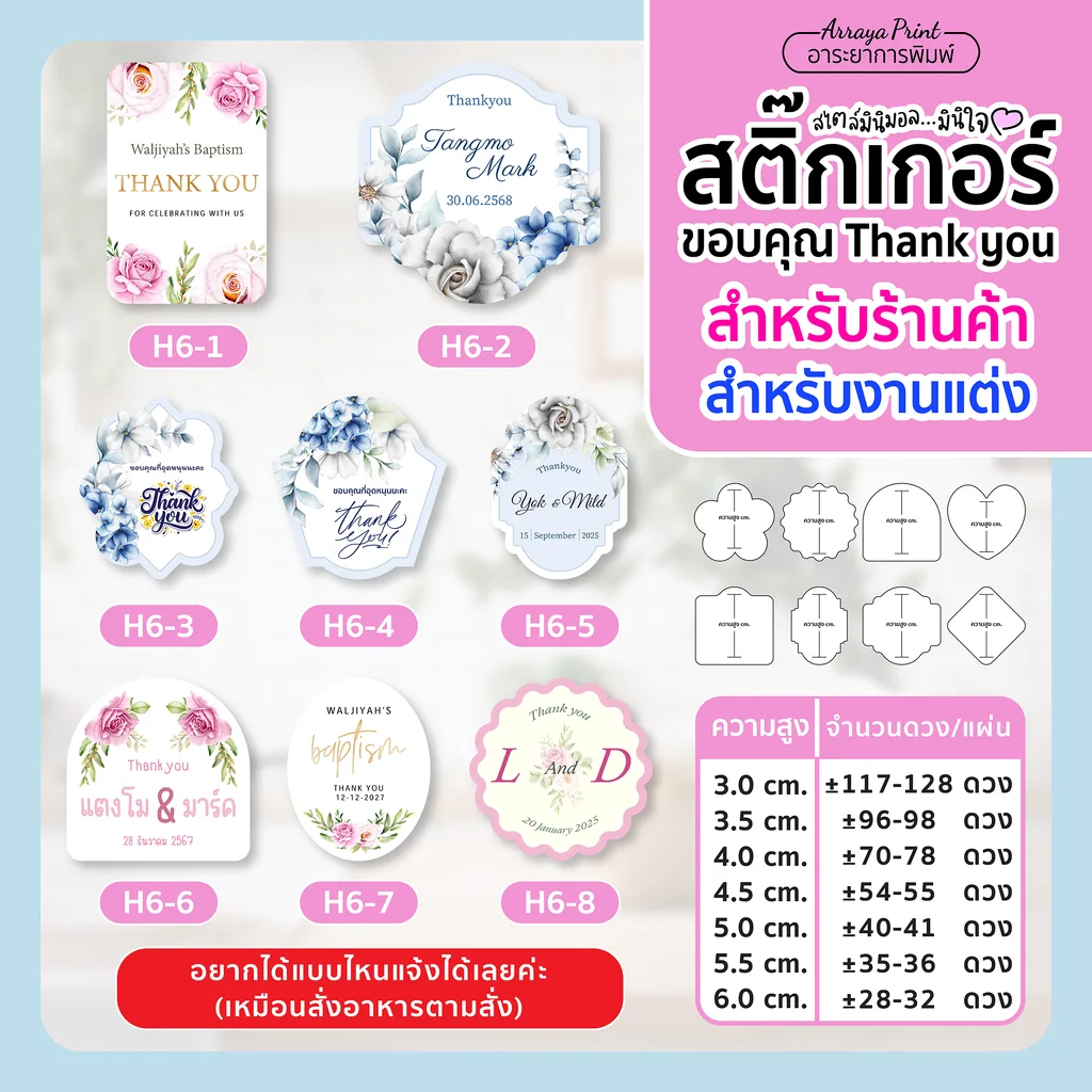 สติ๊กเกอร์ขอบคุณ H6 ลายดอกไม้หวานๆ สีฟ้าและชมพู ไดคัทขอบหยักทรงเมฆและทรงโล่ เหมาะกับงานแต่งและร้านขนม สติ๊กเกอร์ PP กันน้ำ อาระยาการพิมพ์