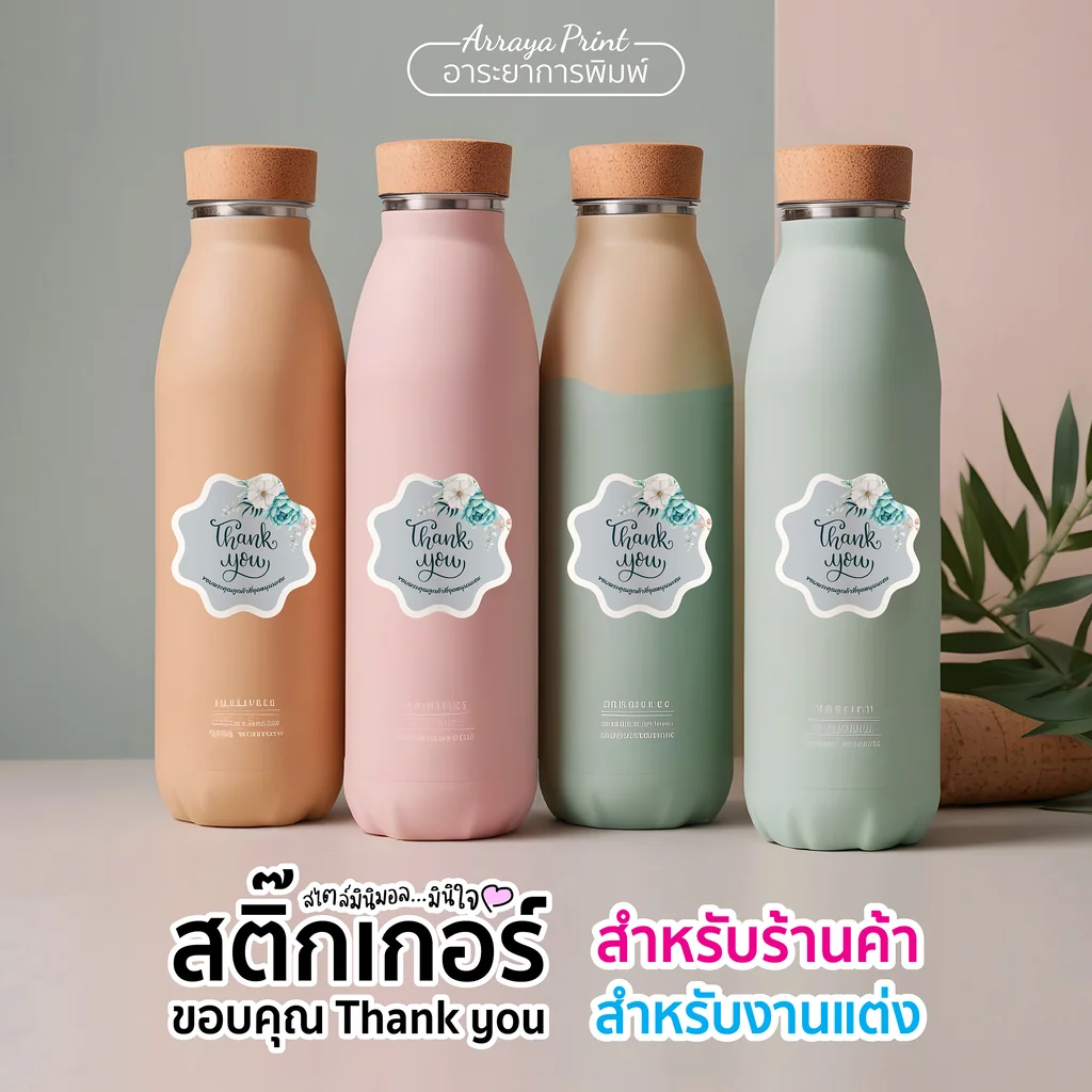 สติ๊กเกอร์ Thank You ติดกระบอกน้ำ ลายดอกไม้หรูหราโทนสีเขียวอมฟ้า ไดคัทขอบมนทรงเมฆ สติ๊กเกอร์ PP กันน้ำ อาระยาการพิมพ์