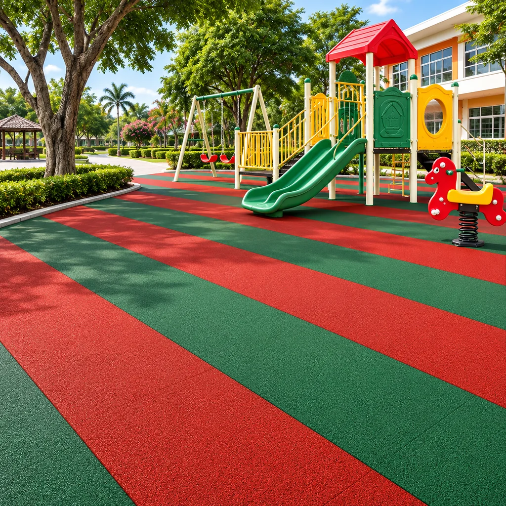 พื้นยางกันกระแทก EPDM ลายแถบแดง–เขียว 25 มม. (EPDM Rubber Safety Flooring – Red & Green Stripe Pattern) พื้นยางกันกระแทก EPDM ลายแถบแดง–เขียว 25 มม. (EPDM Rubber Safety Flooring – Red & Green Stripe Pattern)