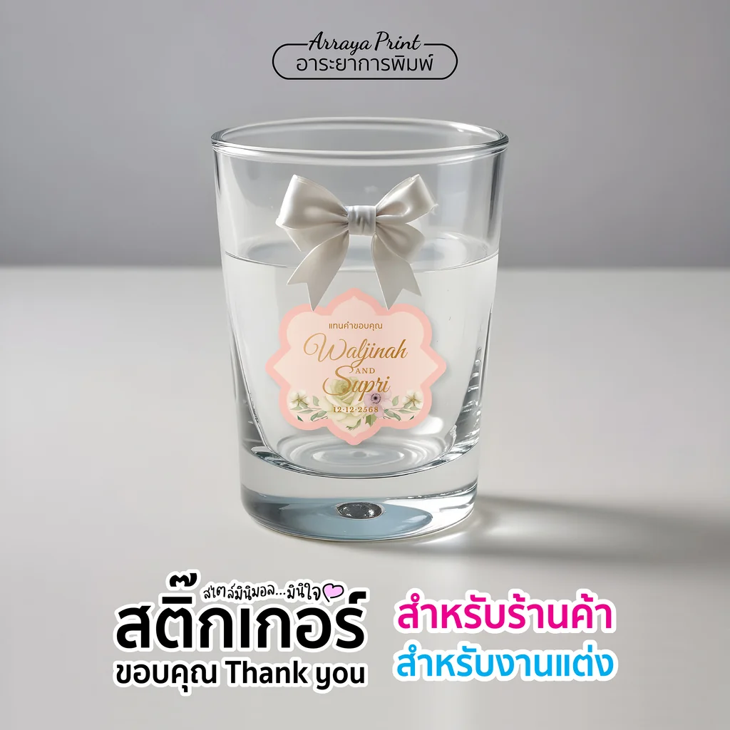 สติ๊กเกอร์ติดของรับไหว้งานแต่ง ติดแก้วน้ำผูกโบว์ ลายดอกไม้วินเทจสีพีช ไดคัททรงฉลุลายสวยหรู สติ๊กเกอร์ PP กันน้ำ อาระยาการพิมพ์
