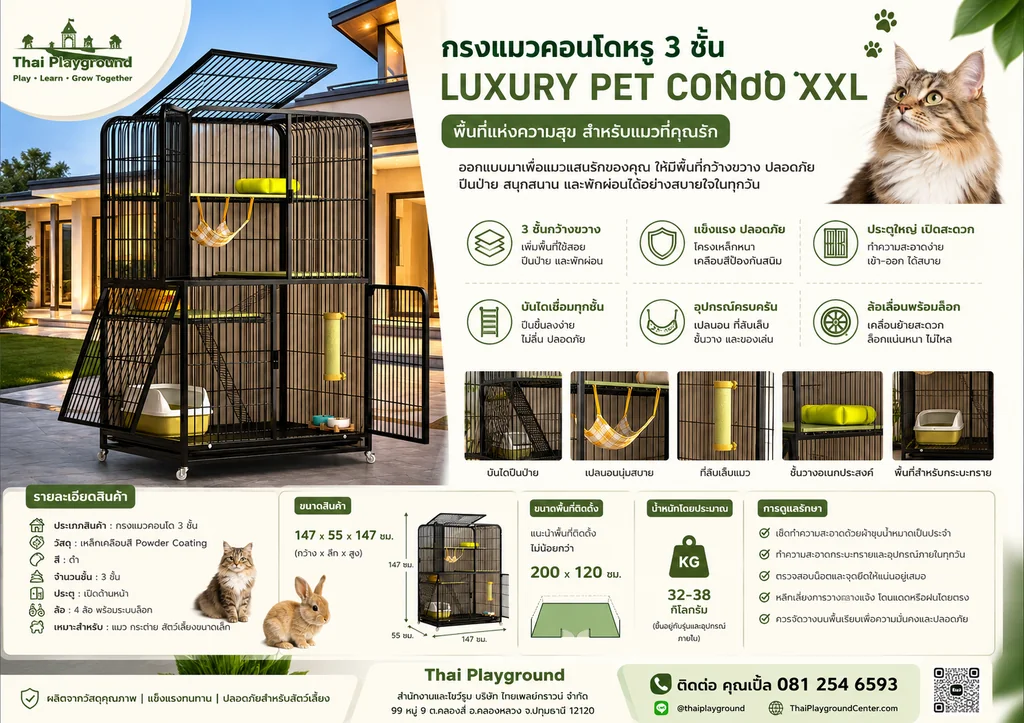 กรงแมวคอนโดเหล็ก 3 ชั้น รุ่น Luxury Pet Condo XXL พร้อมล้อเลื่อน กรงแมวคอนโดเหล็ก 3 ชั้น รุ่น Luxury Pet Condo XXL พร้อมล้อเลื่อน