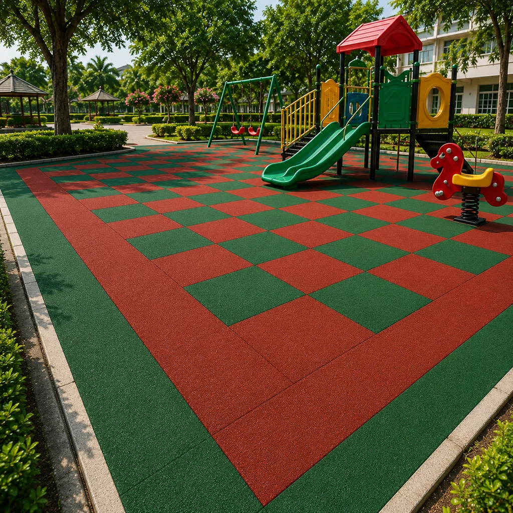 พื้นยางกันกระแทก EPDM ลายขอบสนาม สีแดง–เขียว (EPDM Rubber Safety Flooring – Red & Green Border Design) พื้นยางกันกระแทก EPDM ลายขอบสนาม สีแดง–เขียว (EPDM Rubber Safety Flooring – Red & Green Border Design)