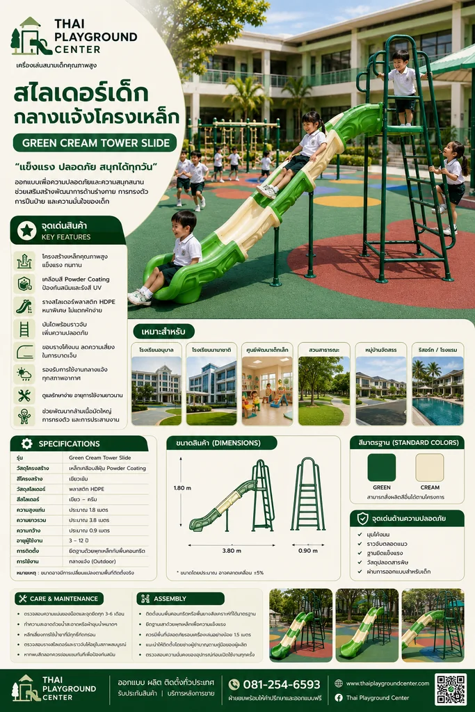 สไลเดอร์เด็กกลางแจ้งโครงเหล็ก รุ่น Green Cream Tower Slide สไลเดอร์เด็กกลางแจ้งโครงเหล็ก รุ่น Green Cream Tower Slide