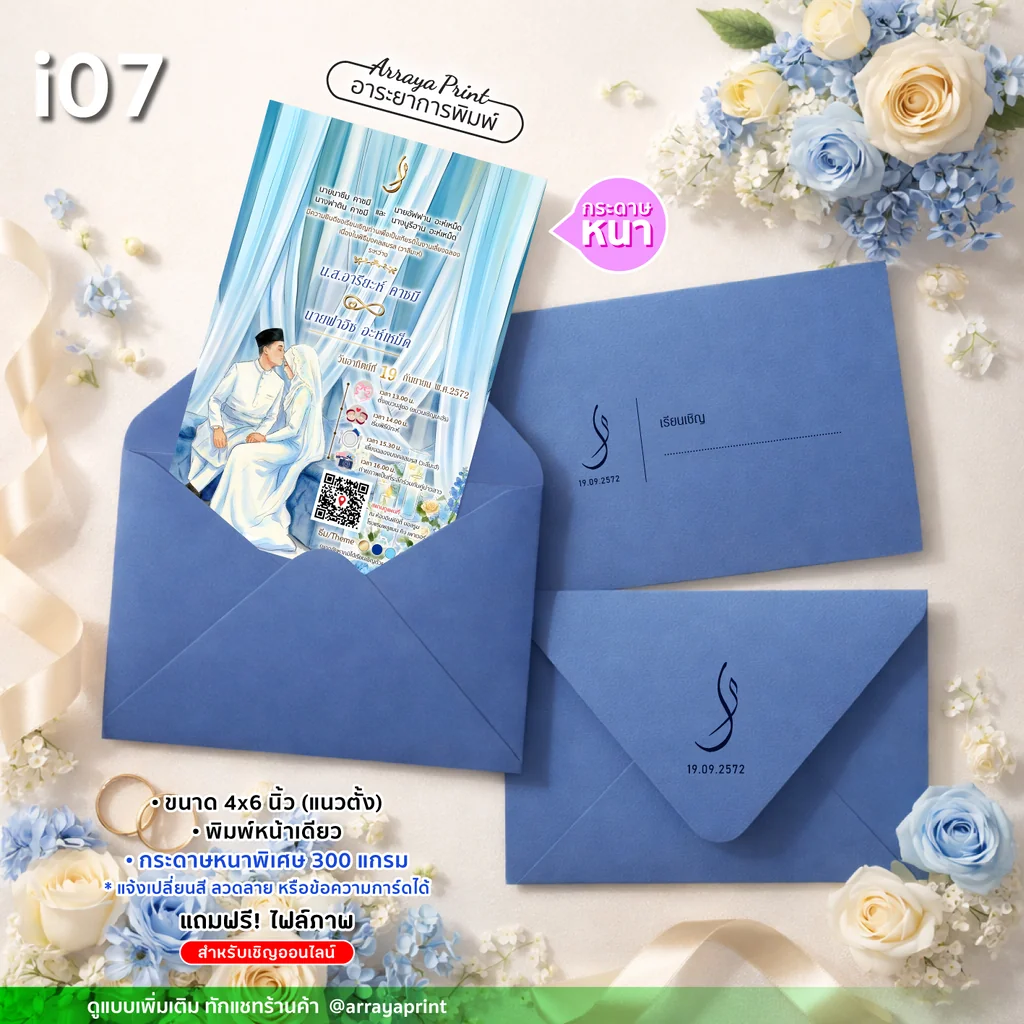 การ์ดแต่งงานมุสลิม 4x6 นิ้ว หน้าเดียว แนวตั้ง รหัส i07 ลายบ่าวสาวอิสลามสีน้ำเงินพร้อมซองพิมพ์โลโก้ กระดาษ 300 แกรม ฟรีไฟล์เชิญออนไลน์