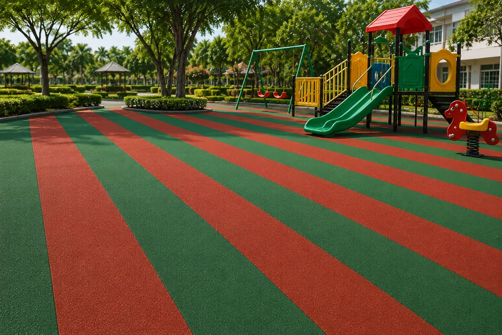 พื้นยางกันกระแทก EPDM ลายแถบแดง–เขียว 25 มม. (EPDM Rubber Safety Flooring – Red & Green Stripe Pattern) พื้นยางกันกระแทก EPDM ลายแถบแดง–เขียว 25 มม. (EPDM Rubber Safety Flooring – Red & Green Stripe Pattern)