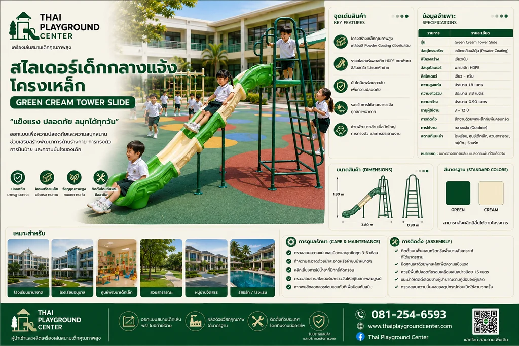 สไลเดอร์เด็กกลางแจ้งโครงเหล็ก รุ่น Green Cream Tower Slide สไลเดอร์เด็กกลางแจ้งโครงเหล็ก รุ่น Green Cream Tower Slide