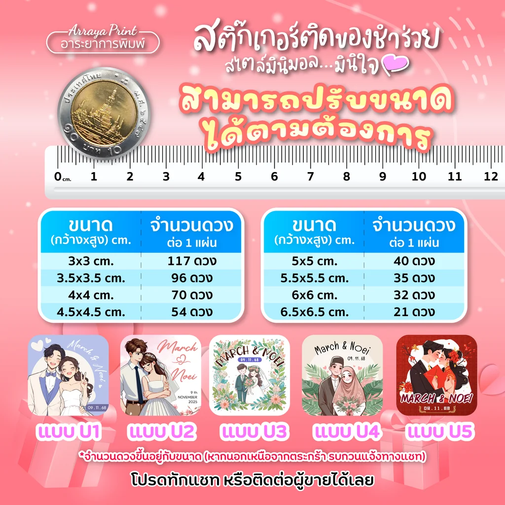 ตารางเปรียบเทียบขนาดสติ๊กเกอร์ติดของชำร่วยงานแต่งและจำนวนดวงต่อแผ่น มีภาพเทียบขนาดจริงกับเหรียญ 10 บาทและไม้บรรทัด สไตล์มินิมอล ลายการ์ตูนบ่าวสาว (3 cm - 6.5 cm) แบบ U1 ถึง U5 อาระยาการพิมพ์