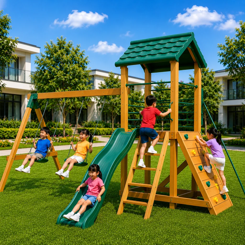 ชุดเครื่องเล่นสนามเด็กเล่นไม้สไตล์โมเดิร์น รุ่น Green Adventure Tower Swing ชุดเครื่องเล่นสนามเด็กเล่นไม้สไตล์โมเดิร์น รุ่น Green Adventure Tower Swing