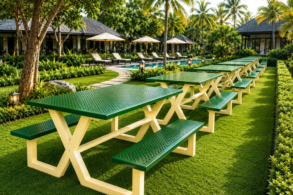 ชุดโต๊ะสนามปิกนิกเหล็กปั๊มรู รุ่น X-Leg 8 ที่นั่ง (Steel Perforated Picnic Table Set) ชุดโต๊ะสนามปิกนิกเหล็กปั๊มรู รุ่น X-Leg 8 ที่นั่ง (Steel Perforated Picnic Table Set)