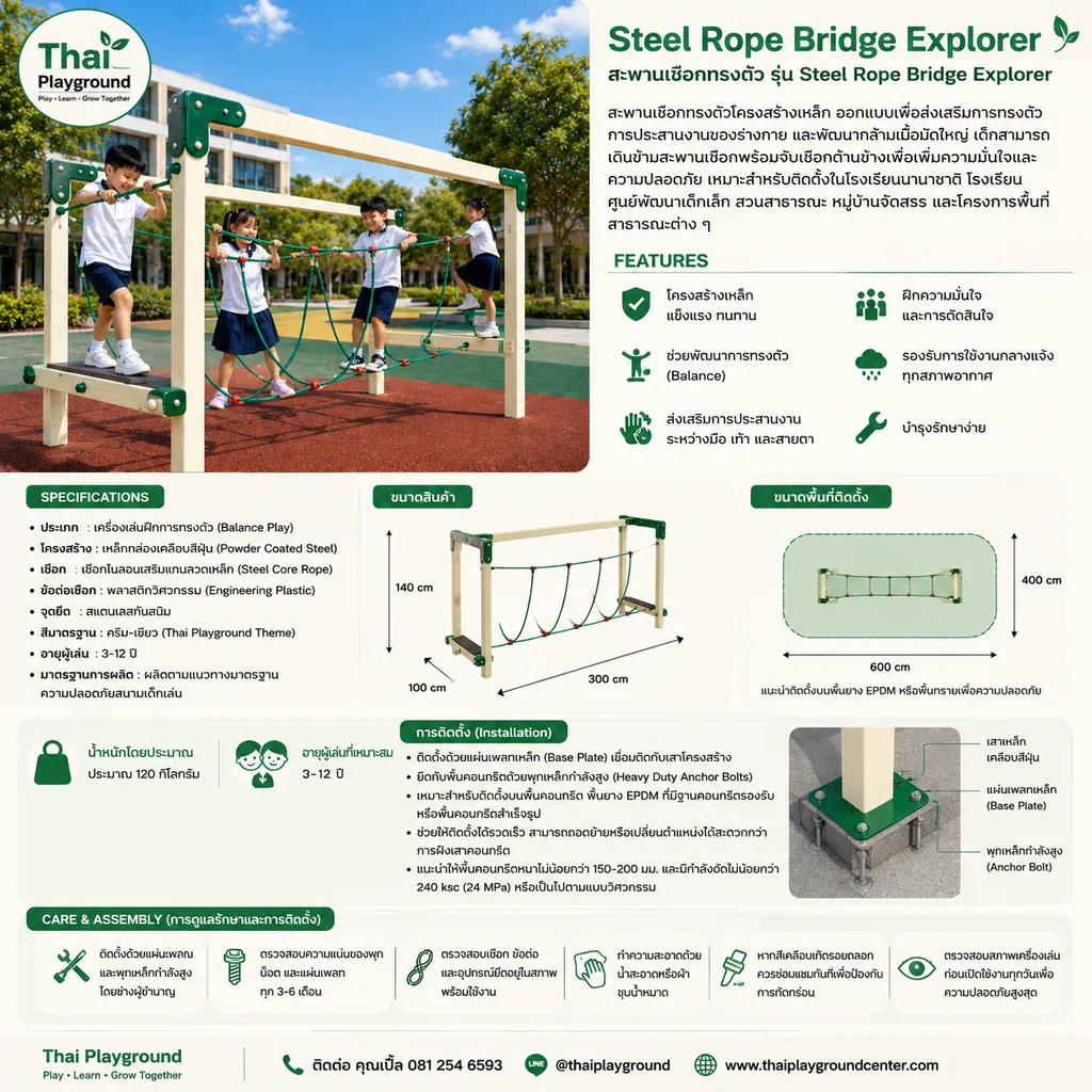 เครื่องเล่นเด็ก ชุดสะพานเชือกทรงตัว รุ่น Steel Rope Bridge Explorer เครื่องเล่นเด็ก ชุดสะพานเชือกทรงตัว รุ่น Steel Rope Bridge Explorer