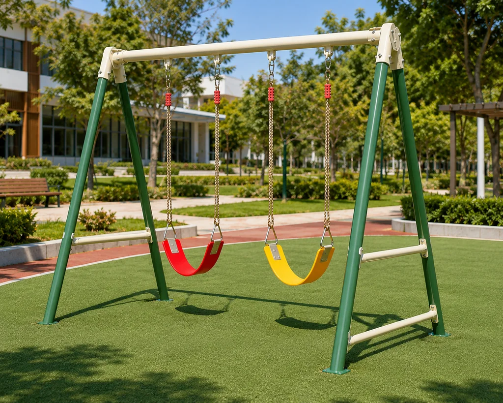 ชิงช้าเด็กสนามกลางแจ้ง 2 ที่นั่ง ขาเอ พร้อมที่นั่งกันกระแทก รุ่น TP-A Swing 02