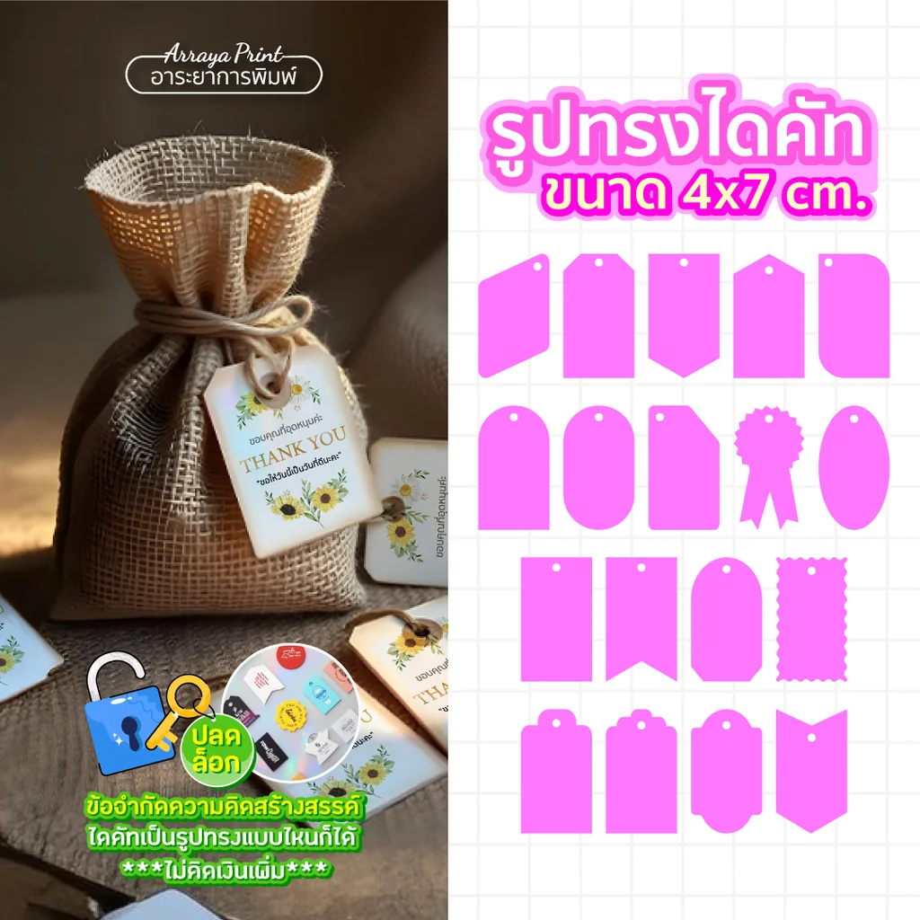 ป้ายแท็กวินเทจ 4x7 cm. ป้ายห้อยถุงผ้ากระสอบ ของชำร่วยข้าวสาร ธีมงานแต่ง Rustic รักษ์โลก อาระยาการพิมพ์