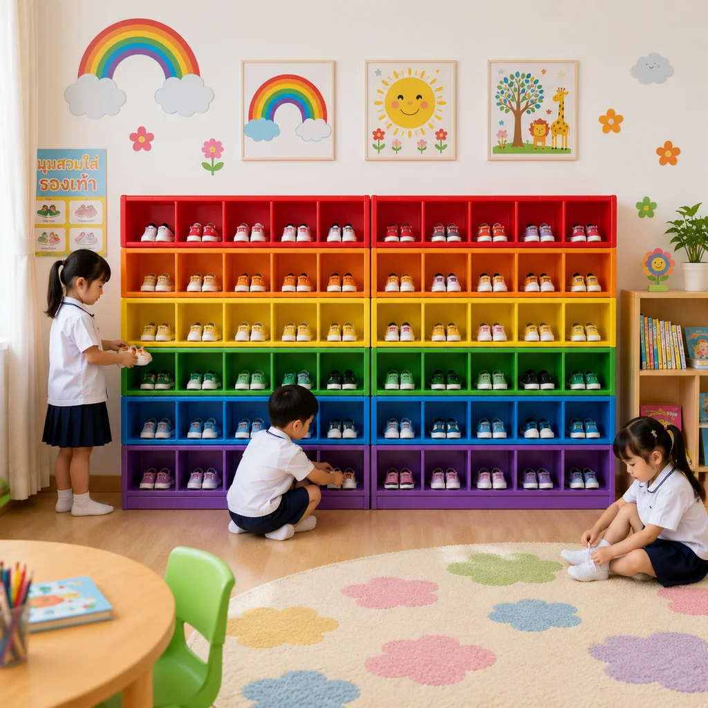 ชั้นวางรองเท้าอนุบาลพลาสติก 12 ช่อง รุ่น Rainbow Cubby 12 ชั้นวางรองเท้าอนุบาลพลาสติก 12 ช่อง รุ่น Rainbow Cubby 12