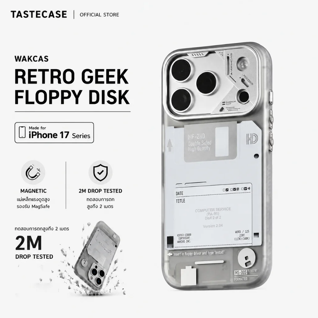 Wakcas Retro Geek Floppy Disk Magnetic เคสสำหรับ iPhone 17 Series และ iPhone 16 Series