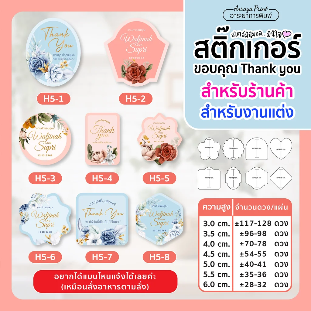 สติ๊กเกอร์ติดของชำร่วยงานแต่งและร้านค้า H5 ลายดอกกุหลาบวินเทจ สีแดงและสีฟ้าคลาสสิก ดูหรูหรา ไดคัททรงโล่และวงรี สติ๊กเกอร์ PP กันน้ำ อาระยาการพิมพ์