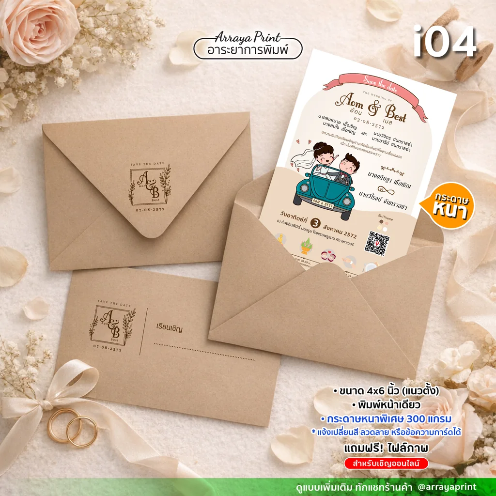 การ์ดแต่งงานวินเทจ 4x6 นิ้ว หน้าเดียว แนวตั้ง รหัส i04 ลายการ์ตูนบ่าวสาวขับรถ พร้อมซองคราฟท์น้ำตาลสกรีนโลโก้ กระดาษ 300 แกรม ฟรีไฟล์เชิญออนไลน์