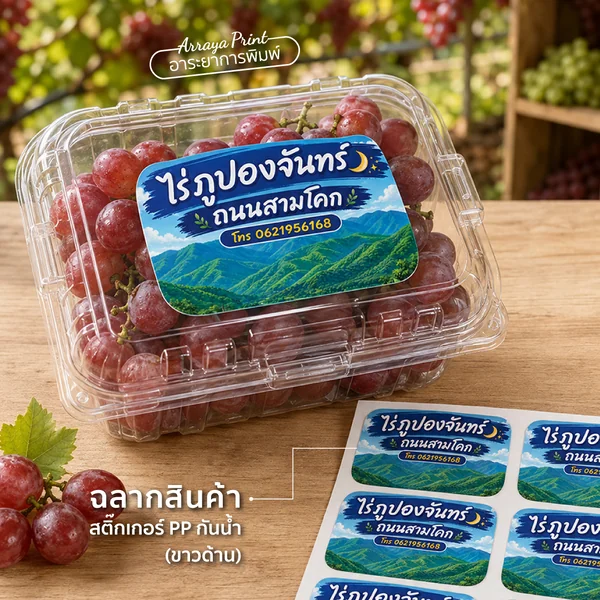 ผลงานฉลากสินค้ากล่ององุ่น สติ๊กเกอร์ PP กันน้ำขาวด้านติดกล่องผลไม้ ผลงานฉลากสินค้ากล่ององุ่น สติ๊กเกอร์ PP กันน้ำขาวด้านติดกล่องผลไม้