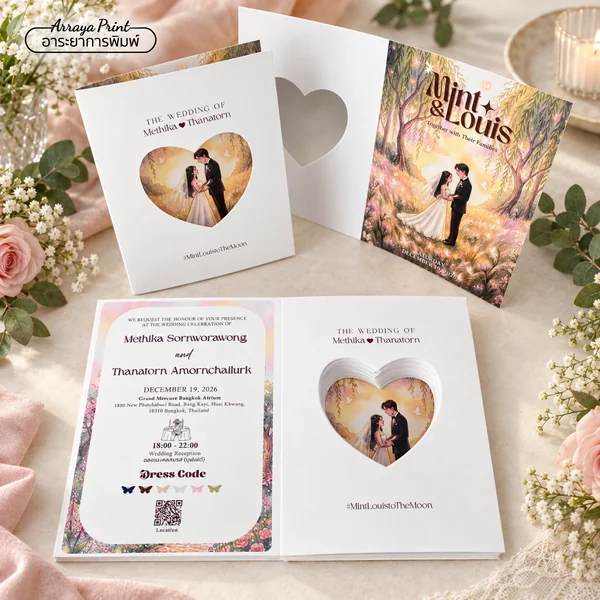 การ์ดแต่งงานแบบสมุด เจาะช่องรูปหัวใจ การ์ดแต่งงานแบบสมุด เจาะช่องรูปหัวใจ