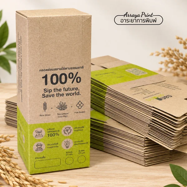 กล่องกระดาษคราฟท์สำหรับหลอดรักษ์โลก พิมพ์สีเขียว