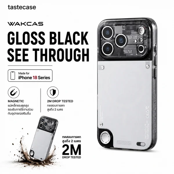 Wakcas Gloss Black See Through เคสกันกระแทกสำหรับ iPhone 18 Pro Max และ iPhone 18 Pro Wakcas Gloss Black See Through เคสกันกระแทกสำหรับ iPhone 18 Pro Max และ iPhone 18 Pro