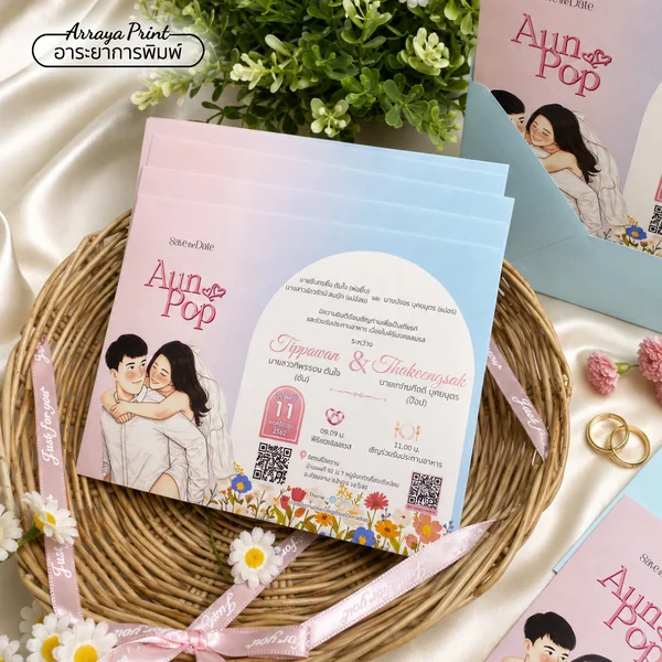 การ์ดแต่งงานพาสเทลชมพูฟ้า พร้อม QR Code | อาระยาการพิมพ์ การ์ดแต่งงานพาสเทลชมพูฟ้า พร้อม QR Code | อาระยาการพิมพ์
