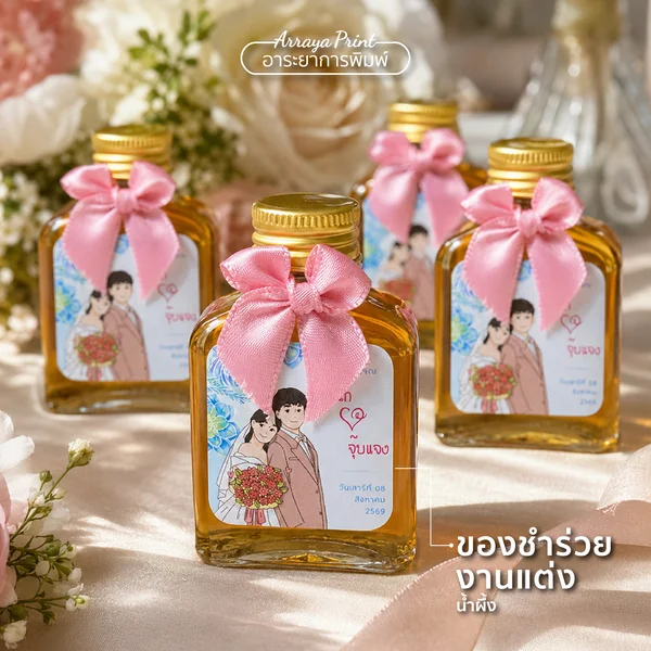 ผลงานของชำร่วยงานแต่งขวดน้ำผึ้ง พร้อมฉลากภาพคู่บ่าวสาวและโบสีชมพู ผลงานของชำร่วยงานแต่งขวดน้ำผึ้ง พร้อมฉลากภาพคู่บ่าวสาวและโบสีชมพู