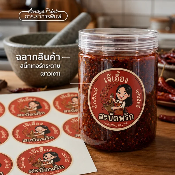 ผลงานฉลากสินค้าเจ๊เอื้องสะบัดพริก สติ๊กเกอร์กระดาษขาวเงาติดกระปุกน้ำพริก ผลงานฉลากสินค้าเจ๊เอื้องสะบัดพริก สติ๊กเกอร์กระดาษขาวเงาติดกระปุกน้ำพริก
