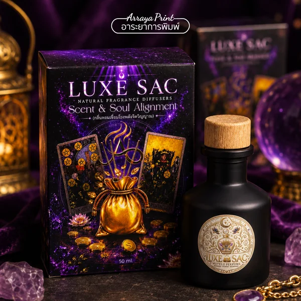 ผลงานกล่องแพ็กเกจจิ้งน้ำหอมและก้านไม้หอม LUXE SAC โทนม่วงดำพรีเมียม
