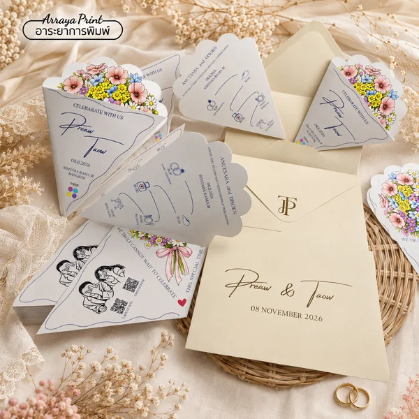 การ์ดแต่งงานพับทรงสามเหลี่ยม ลายช่อดอกไม้ การ์ดแต่งงานพับทรงสามเหลี่ยม ลายช่อดอกไม้