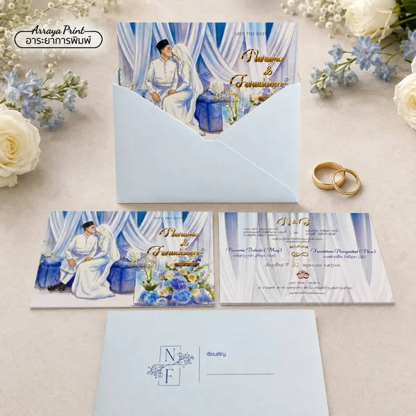 การ์ดแต่งงานอิสลาม โทนฟ้าขาว พร้อมซอง | อาระยาการพิมพ์ การ์ดแต่งงานอิสลาม โทนฟ้าขาว พร้อมซอง | อาระยาการพิมพ์