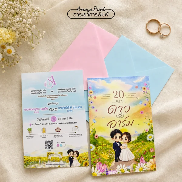 ผลงานการ์ดแต่งงานลายการ์ตูนธีมสวนดอกไม้ | Arraya Print ผลงานการ์ดแต่งงานลายการ์ตูนธีมสวนดอกไม้ | Arraya Print
