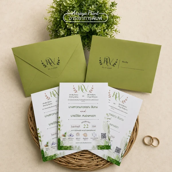 ผลงานการ์ดแต่งงานธีมสีเขียว พร้อมพิมพ์หน้าซอง | Arraya Print ผลงานการ์ดแต่งงานธีมสีเขียว พร้อมพิมพ์หน้าซอง | Arraya Print